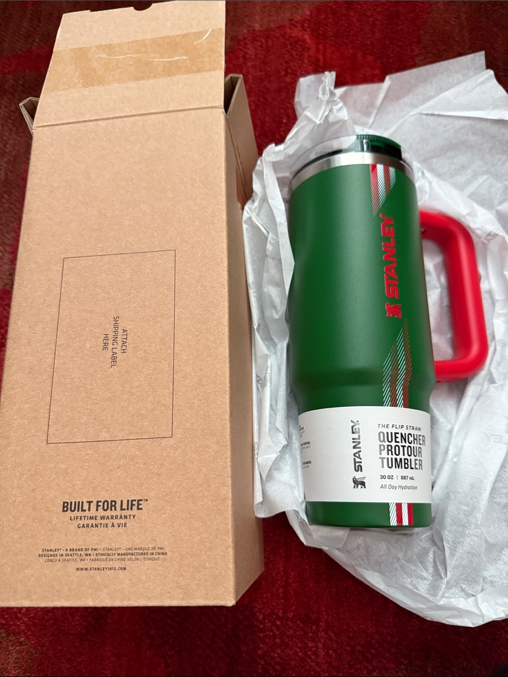 Stanley Green Tumbler with Red Handle